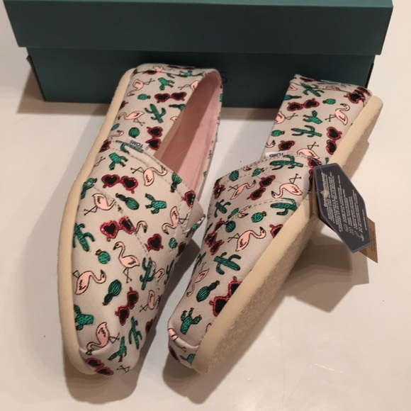 NWT TOM’S ALPARGATA CLOUD GREY FLAMINGO SUMMER VACAY CACTUS PRINT SHOES 6 womens - Picture 6 of 12